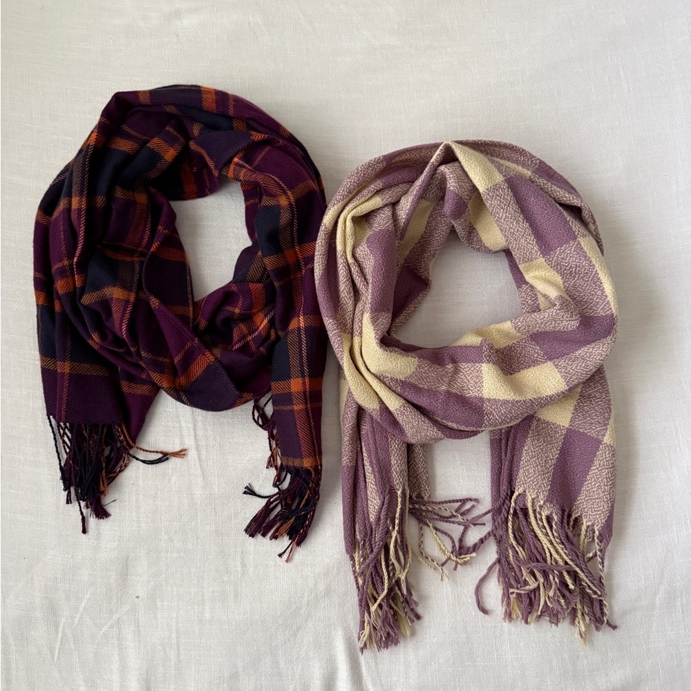 Plaid Blanket Scarf Set - Purple and Beige